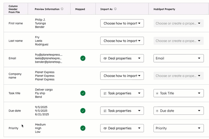 GIF showing how to change the "Import as" and "HubSpot Property" dropdown menus to correct mapped fields.