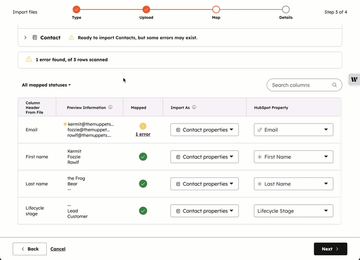 Import mapping process showing how to add replacement values for an error
