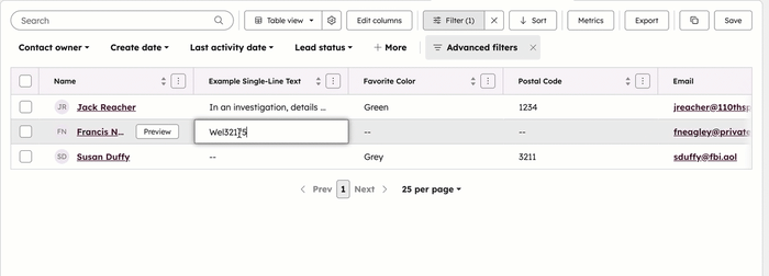 A GIF showing automatic remove of symbols in a postal code property on a CRM index page.