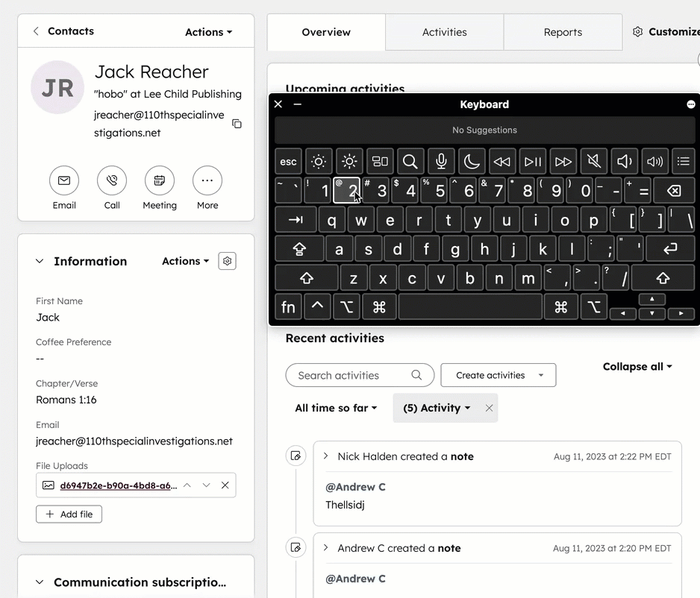 GIF image showing a contact named Jack Reacher. An on screen keyboard is displayed. The user enters numbers and special characters into the first name property. Those values are not saved.