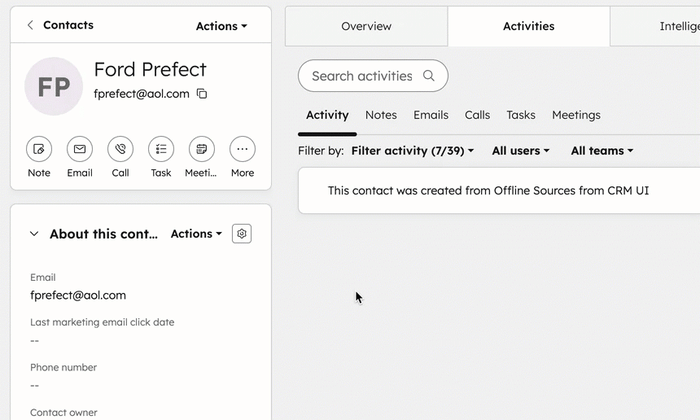 Adding an additional email to a contact record by clicking the "Email" field in the "About this contact" section.