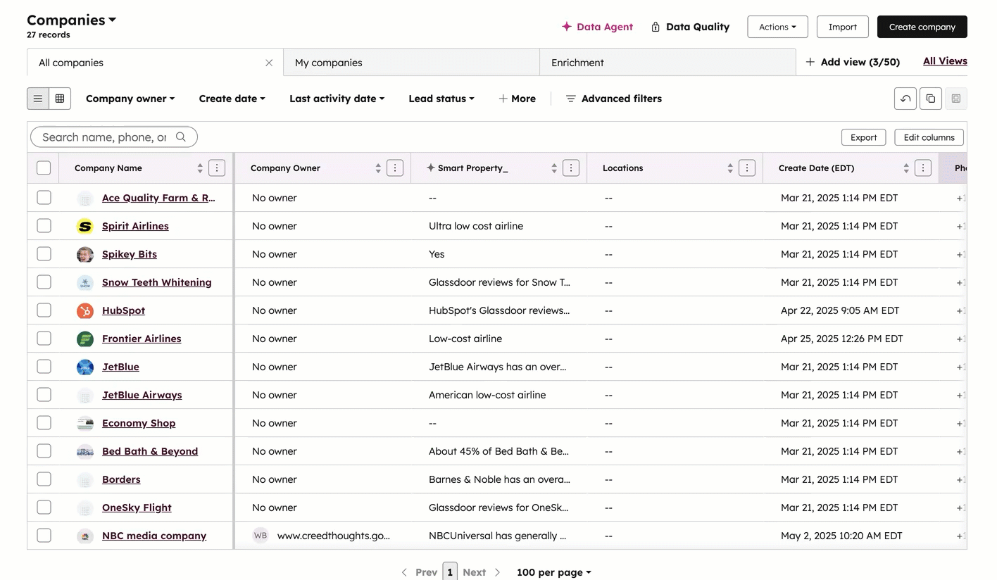 GIF displaying a company index page. The user clicks 'advanced filters' then adds a filter for 'has been enriched equal to true'.