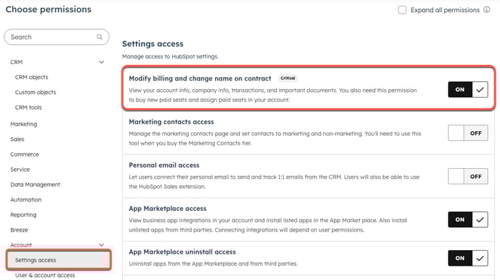 Screenshot showing the modify billing and change name on contract permissions for a user in HubSpot.