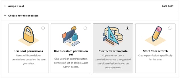 Options for setting user permissions in HubSpot, including using seat permissions, making a Super Admin, or starting from a template or scratch.
