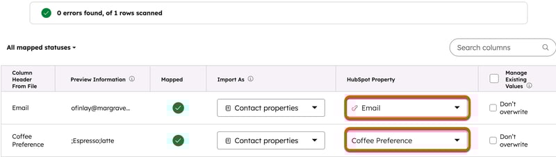 Import mapping screen linking Email and Coffee Preference columns from the file to HubSpot contact properties.