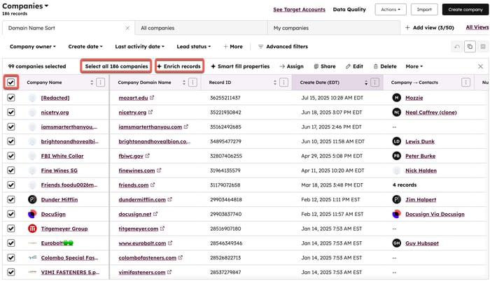A screenshot of a company records table on the index page. The "Select all 186 companies" and "Enrich records" buttons are highlighted