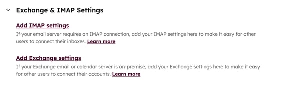 Email Log & Track settings, displaying the options to Add IMAP settings or Add Exchange settings.