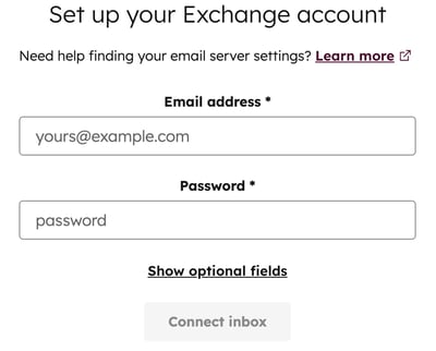 Connection screen for setting up your Exchange account when connecting personal email.