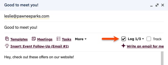 Screenshot of an email compose window in Gmail highlighting the Log checkbox to log the email to the CRM.