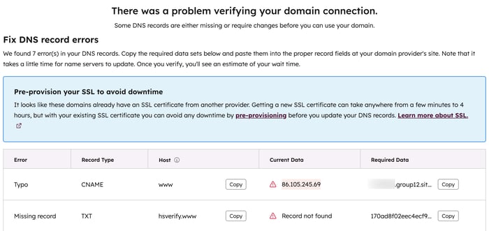 Setup screen showing DNS record errors that need to be corrected in order to connect a domain.