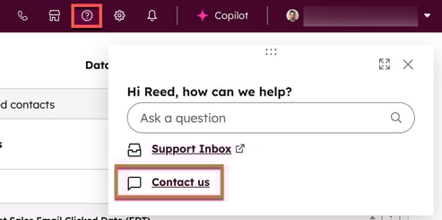 Screenshot showing how to contact HubSpot Support