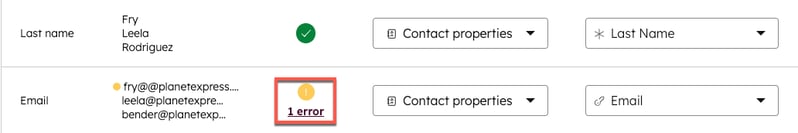 Image of an import error on a mapped field.