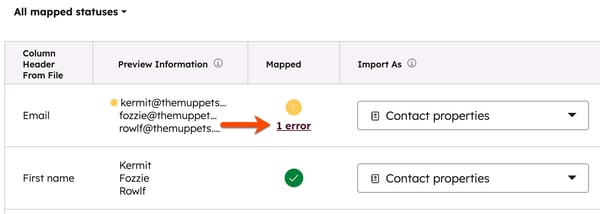 Import column mapping showing one error for the "Email" field