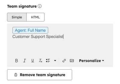 Team signature settings, displaying a rich text editor to add or edit the inbox signature.