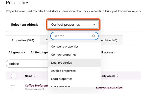 A HubSpot 'Properties' settings page showing the 'Select an object' dropdown menu. The menu is open, with 'Contact properties' selected and other options visible.