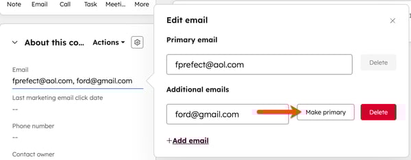Making an additional email the primary email address by clicking the email field and then clicking "Make primary" next to the additional email.