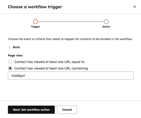 Sequence automation settings, showing contact enrollment based on a page view.