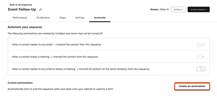 The sequences tool, displaying the Automate tab, automation settings, and the option to create a custom automation.