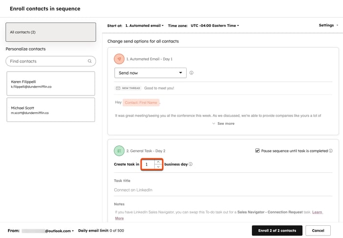 The sequences tool, showing contact enrollment and highlighting how to add a delay to a task step.