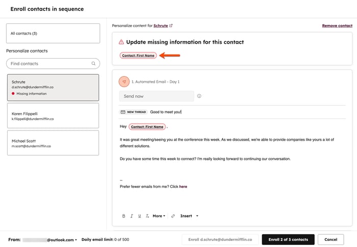 The sequences tool, showing contact enrollment and highlighting missing information for a contact property value.