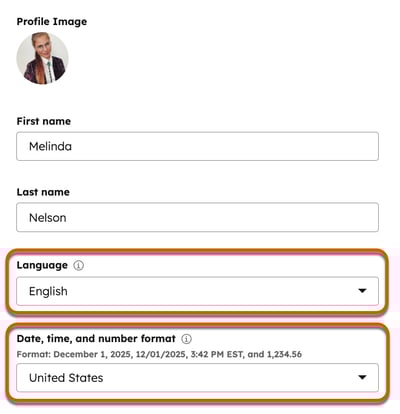 User profile highlighting language and date, time, and number format.