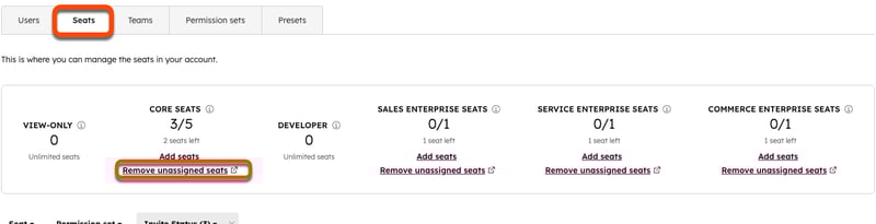 The Seats section of the Users &amp; Teams tab, emphasizing the link to remove unassigned seats.