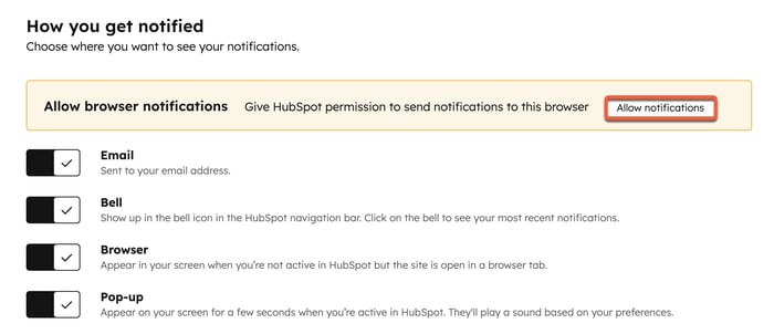 Account notification settings, highlighting the alert to allow browser notifications.