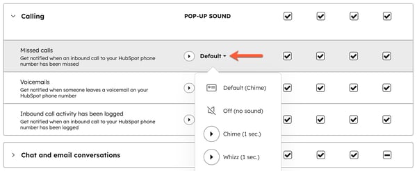 Account notification settings, displaying Calling notifications and the pop-up notification sounds options.