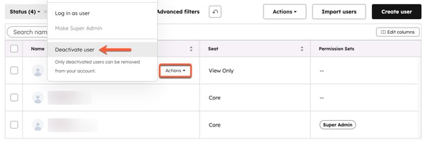 User settings, highlighting the option to deactivate a user.