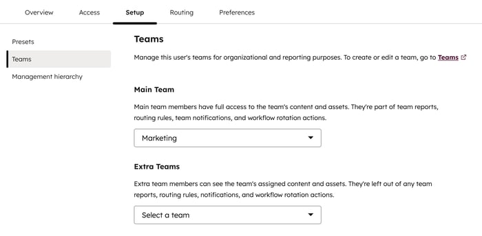 User settings, showing the option to manage a user's main team and extra teams.