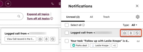 Account notifications, highlighting the options to mark the notification as read, delete, or turn off the notification.
