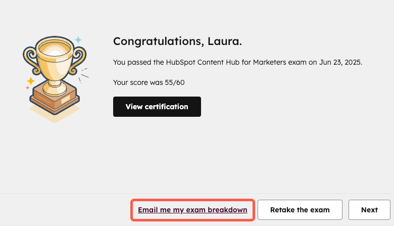 screenshot showing the button to email the exam breakdown in HubSpot Academy.