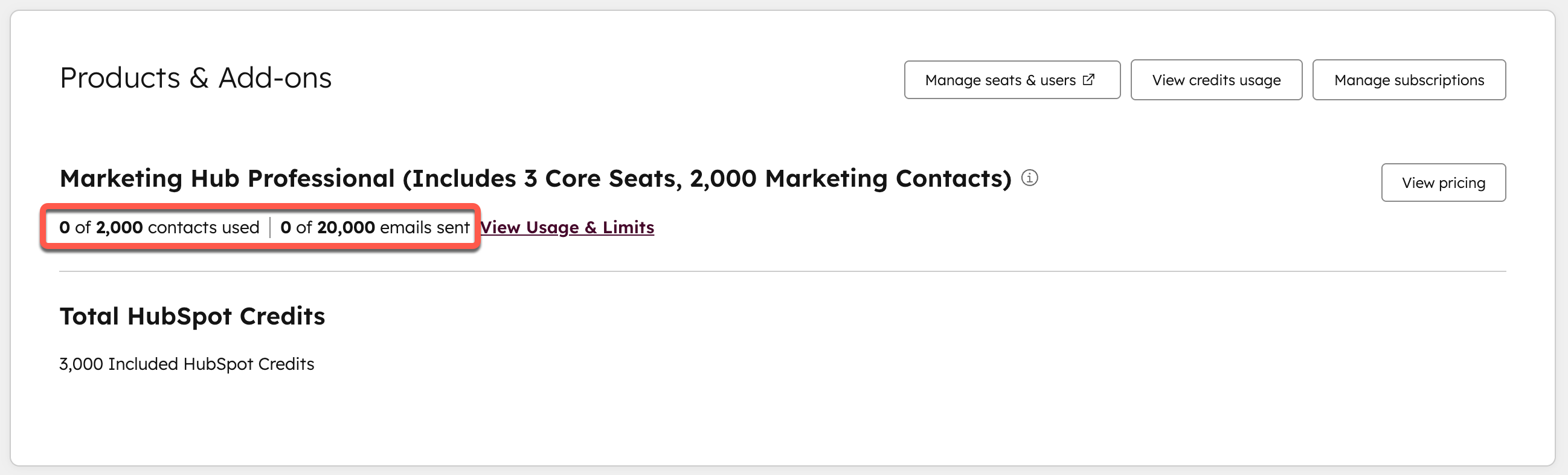 Screenshot showing the limits for a Marketing Hub Professional subscription in HubSpot.