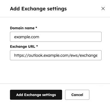 Add Exchange settings, displaying the fields to add the domain name and Exchange URL.