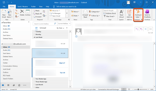A screenshot of Outlook, highlighting the HubSpot Sales add-in within the main ribbon.