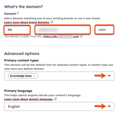 The domain connection page is displayed with domain details. A box is placed around the subdomain, brand domain, and top-level domain fields. In the Advanced options section, an arrow is pointing to the Primary content types and Primary language dropdown menus.