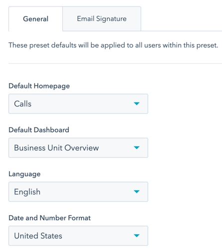 screenshot showing the fields under the General tab when creating a preset in HubSpot