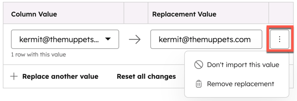 Import process showing options for removing a replacement value