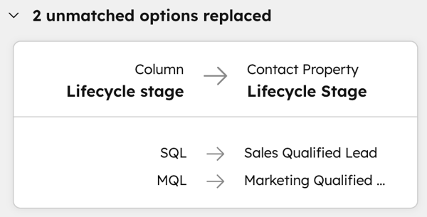 Image of unmatched options that were replaced in an import