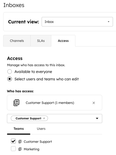 The inbox channel access tab, displaying the option to assign users and teams to the inbox.
