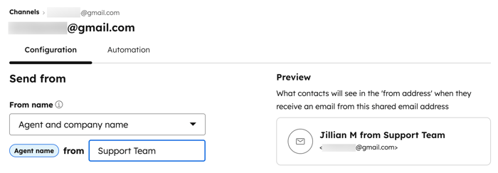Inbox channel configuration, displaying the option to customize and preview the channel from name.