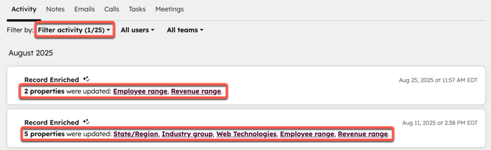 Screenshot showing a list of record enrichment updates. The text highlights a change where 2 properties were updated and another where 5 properties were updated.