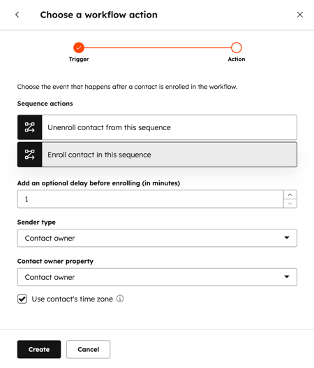 Sequences automation settings, displaying the settings to add a delay, set the sender type, and select the contact owner property.