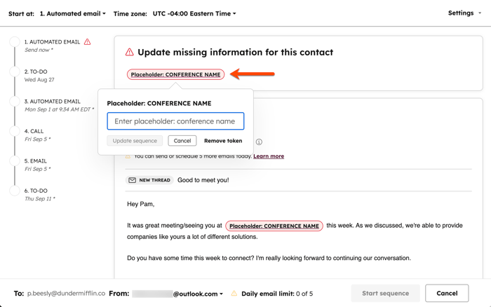 The sequences tool, showing contact enrollment and highlighting missing information for a placeholder value.