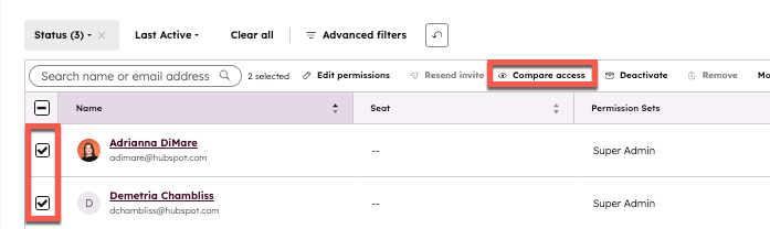 A screenshot showing the compare permissions button.