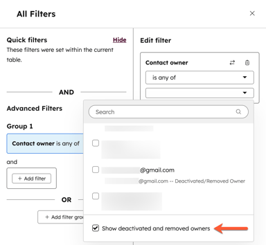 Contact index page advanced filtering, highlighting the checkbox to show deactivated and removed owners when filtering contacts by the contact owner property.